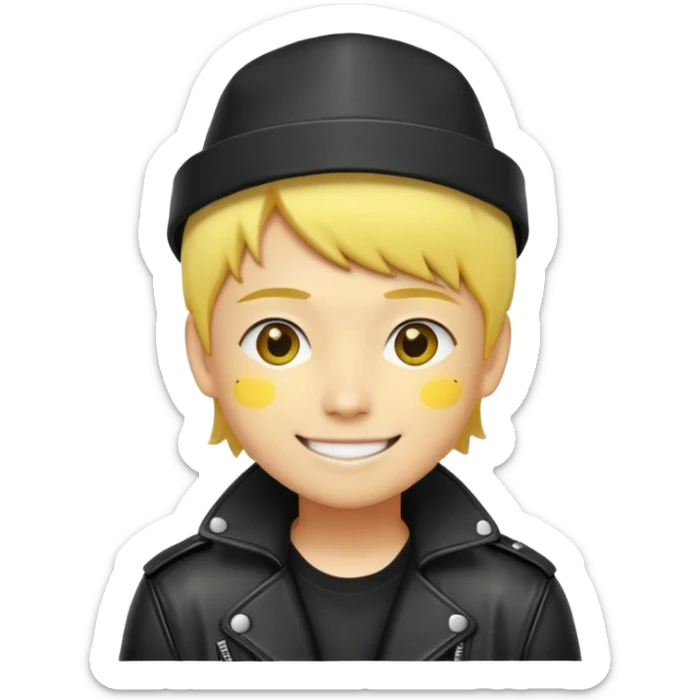 nam 20 tuổi, da vàng, tóc ngắn màu vàng, đội mũ màu đen, mặt cười tươi, khoác áo da màu đen bóng sticker