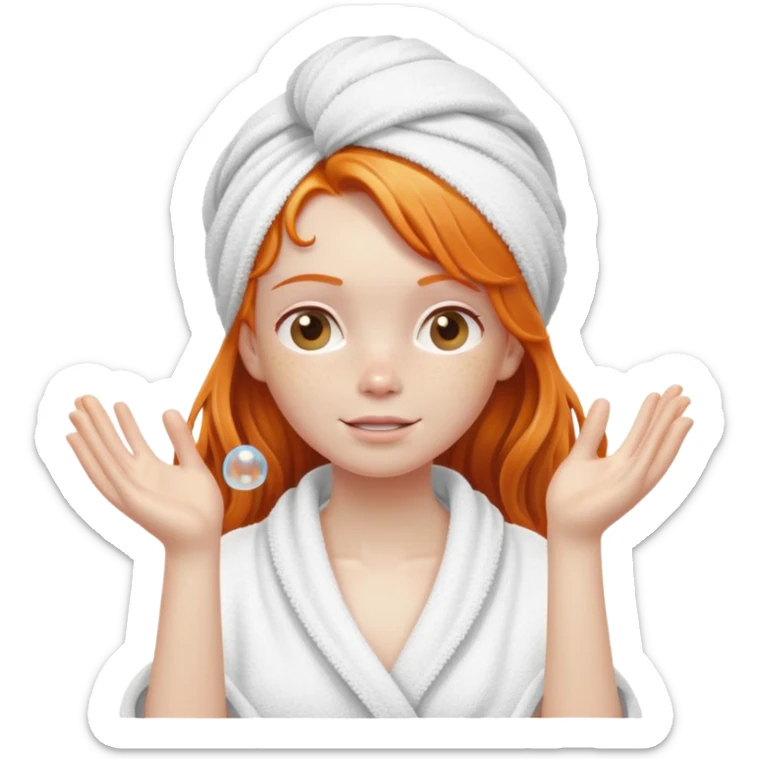 Ginger girl wrapped in towel shower washing long wet hair up in hands soapy bubbles sticker