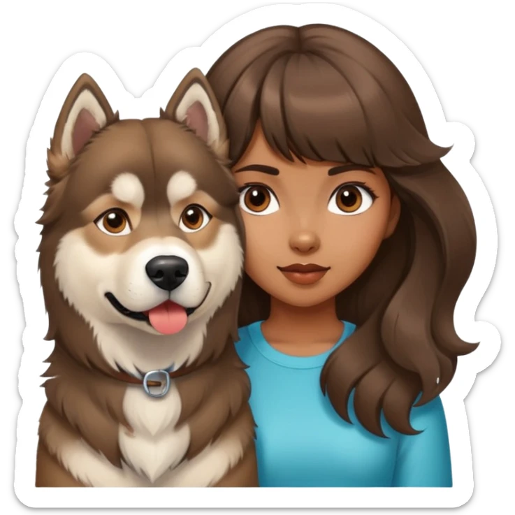 A girl with brown blunt bangs and big wavy hair, and a brown Alaskan Malamute dog. sticker