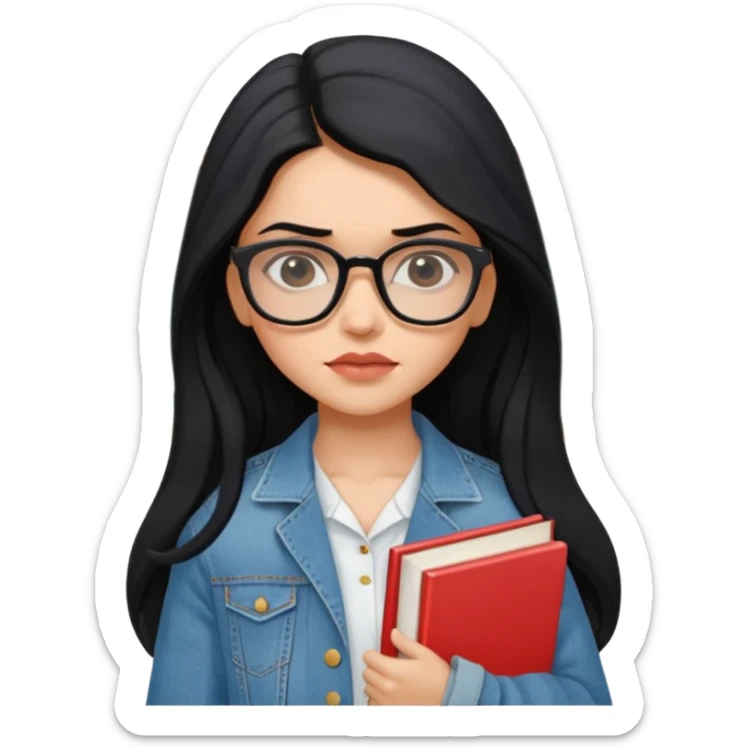 generate a pretty bratz emoji 
Make her wear a white dress with a denim jacket over it.long  black hair in a side part. Holding books

She should look exactly  like Deepika padukone! wearing tiny rectangular spectacle, looking sad sticker