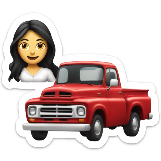 A white lady with long black hair, driving an older red pick up truck sticker