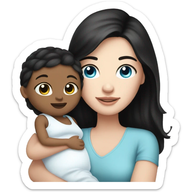 mom holding newborn baby girl with blue eyes white skin black hair and white skin newborn sticker
