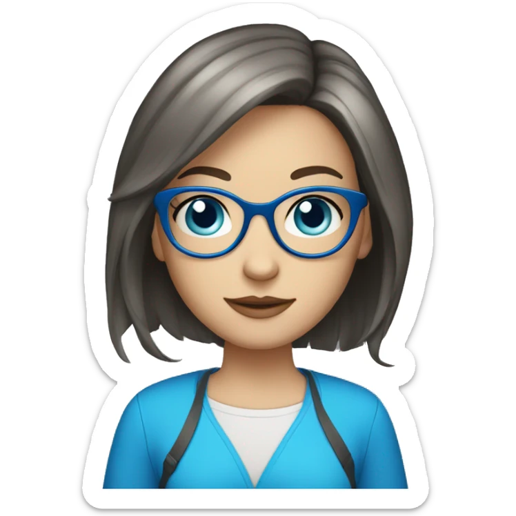 white brunette teen with blue glasses and blue eyes, bob-hair and macbook sticker