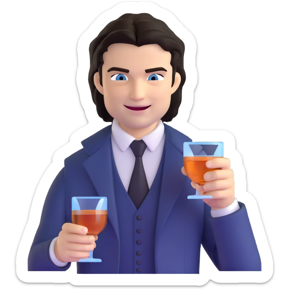 Damon Salvatore as a vampire with dark hair, blue eyes, fangs, sly grin, holding a glass of bourbon sticker