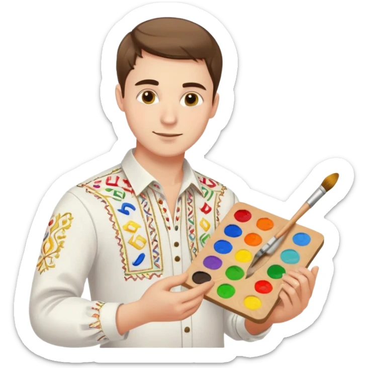 A guy in a white Ukrainian embroidered shirt holds musical notes and a paint palette in his hand sticker