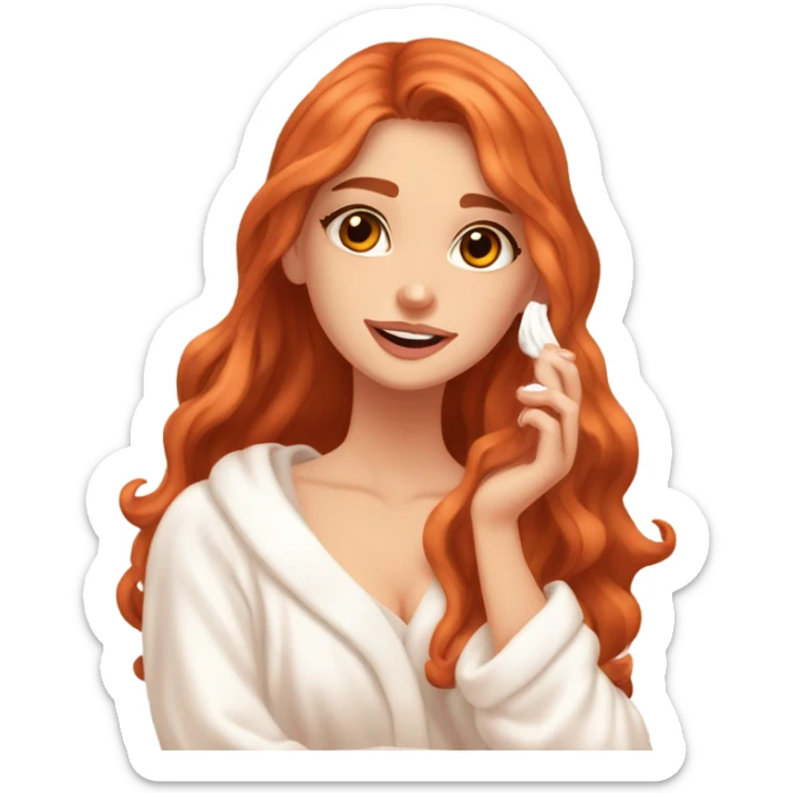 Girl putting cream on face bathroom Long wavy red orange hair orange brown eyes beautiful face thick eyelashes pink lips gorgeous skinny fair skin white aesthetic tall girl doing skincare cozy robe sticker