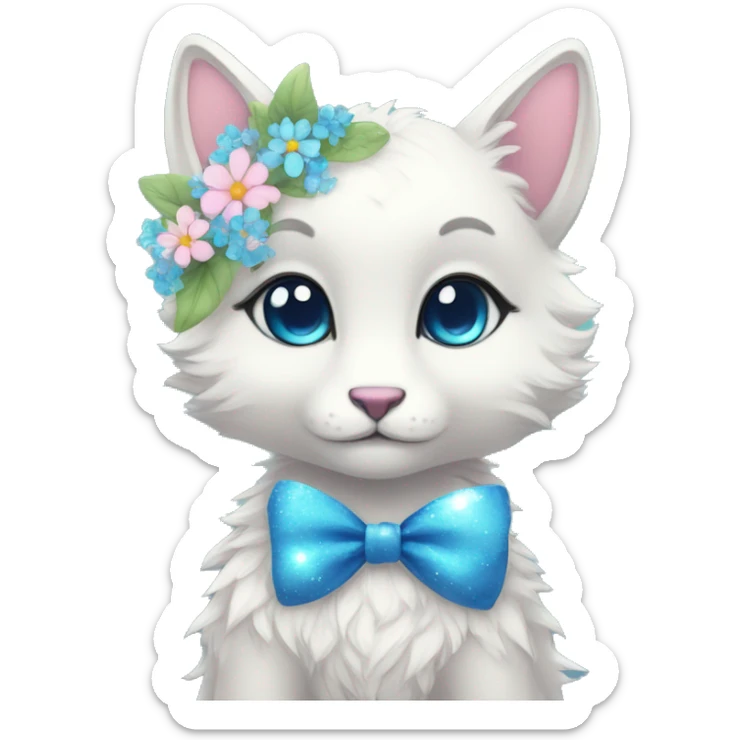 Anthro Cute Cool Kawaii gorgeous sparkly ethereal fantasy animal creature with blue eyes furry sona with flowers and bow tie beautiful aesthetic sticker