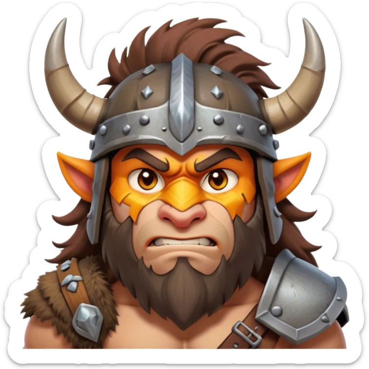 Cinematic Fierce Barbarian Portrait Emoji, Poised and bold with a rugged yet cartoonish build in tattered furs and a horned helmet, expressive bright eyes and a confident smirk, Simplified yet dynamic features, highly detailed, glowing with a vivid, adventurous aura, high shine, heroic and spirited, stylized with an air of medieval warrior charm, focused and energetic, soft glowing outline, capturing the essence of a fearless barbarian adventurer ready to lead his clan with spirited valor! sticker