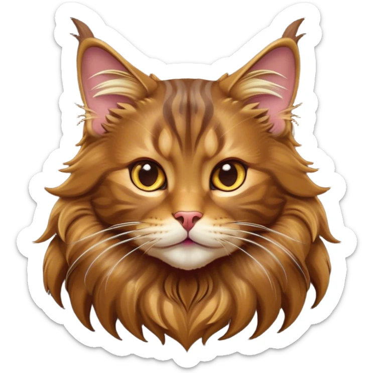 Cinematic Cute Brown Maine Coon Cat Portrait Emoji, Head tilted playfully with a touch of sass, sleek brown and gold fur with a majestic mane, Simplified yet hilariously adorable features, highly detailed, glowing with a warm, confident glow, high shine, mischievous yet lazy, stylized with a touch of playful whimsy, bright and endearing with a comical expression, soft glowing outline, capturing the essence of a quirky yet loving and lazy kitty, so meme-worthy it feels like it could stretch out of the screen and demand attention in the most dramatic way! sticker