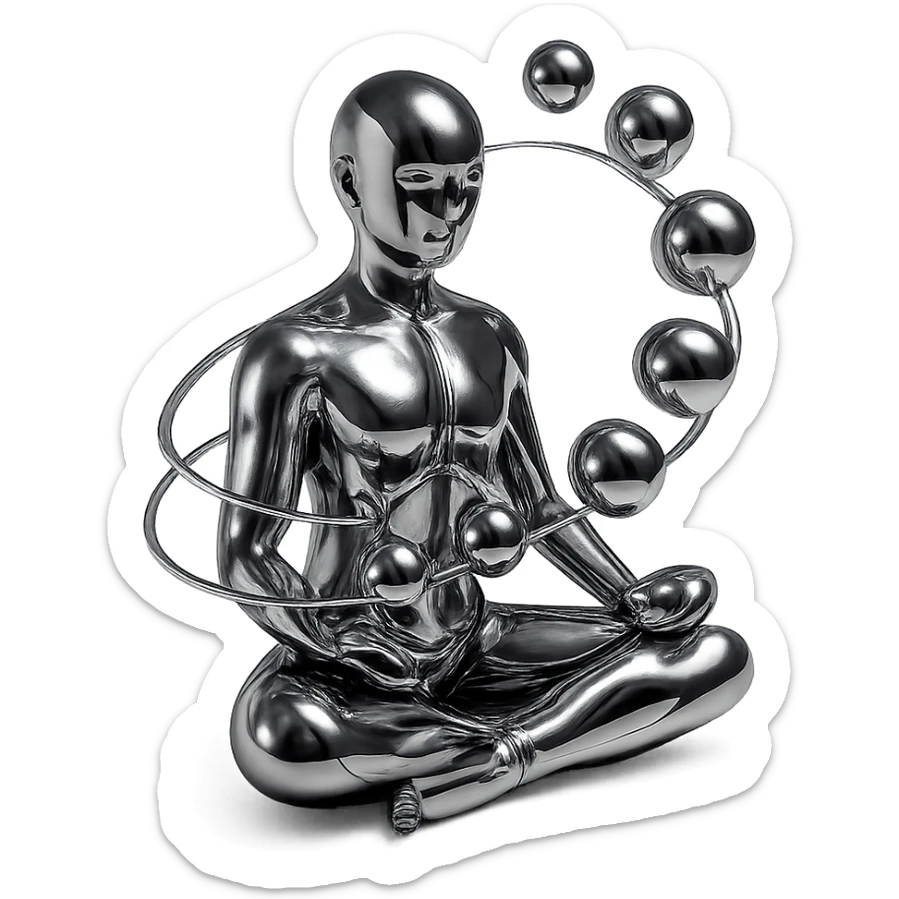stylized chrome meditating figure with shiny spheres spiraling around, futuristic and smooth sticker