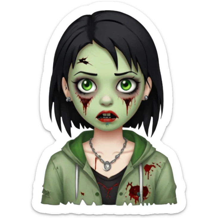 quero que me faça igual a anterior, como um zumbi, porém, a menina deverá ter cabelos pretos e olhos verdes, e um piercing na sobrancelha e um na boca sticker