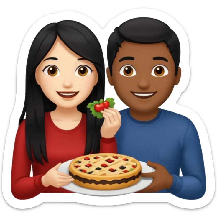Fair skin woman with long black hair with her Brown skin ned boyfriend with his fine cut blacked hair eating together . Sticker sticker
