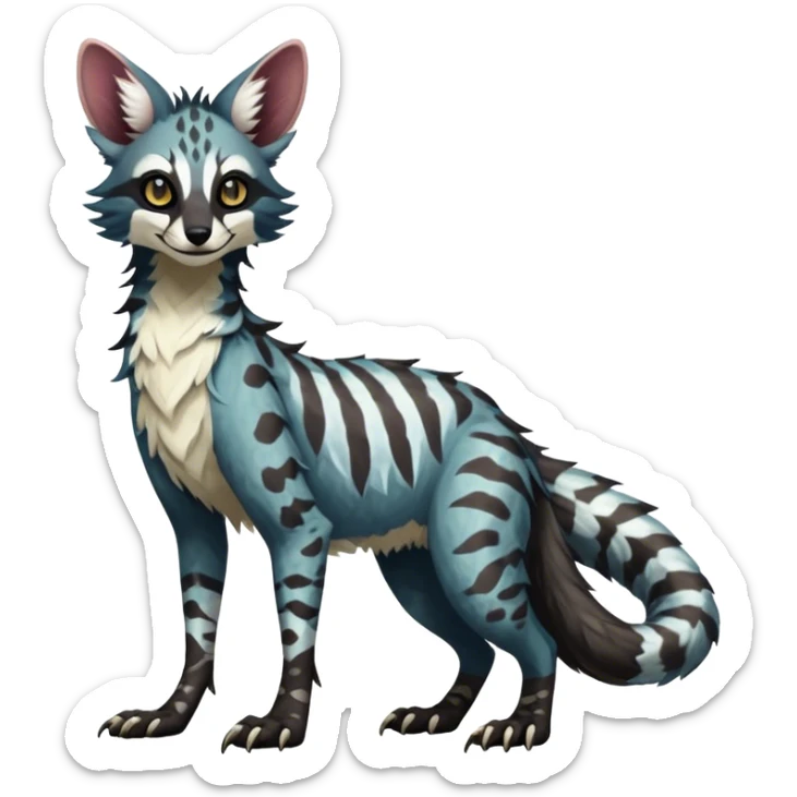 Feral Rare Fantasy dark tropical Vernid-Sergal-Genet-Trico-species by LiLaiRa, random markings, tufted tail, tufted ears, full body sticker