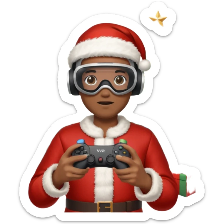 Homme photographe noir, week-end détente, équipé d’un appareil photo pro. Dans un décor Noël chaleureux, Père Noël à côté, sapin illuminé, lumières douces. L’homme porte un casque VR autour du cou ou sur la tête, et une manette PS 2025 dans la main libre. Ambiance festive, réaliste, couleurs nettes sticker