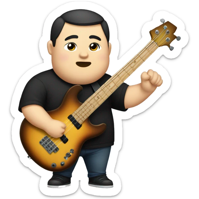 chubby chinese guy with fair skin, chinky eyes, man bun, black shirt and bass guitar sticker