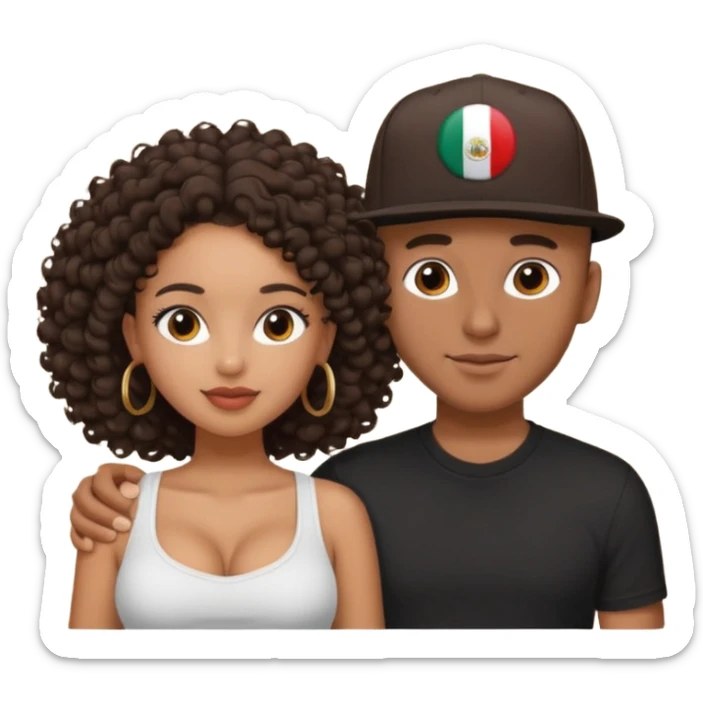 A picture of a loving tanned couple. the guy is Mexican, with a bald hair cut and he has a SnapBack hat on. The girl is mixed, the girl is wearing a black shirt, the girl has brown curly big hair and the girl has big boobs  sticker
