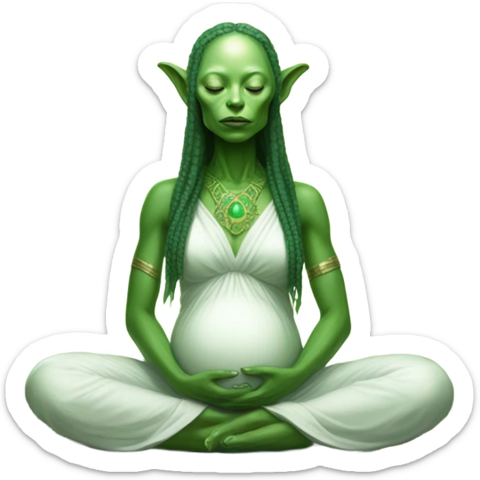 a Reptilian alien woman, pregnant, in meditation, white dress like a priestess sticker