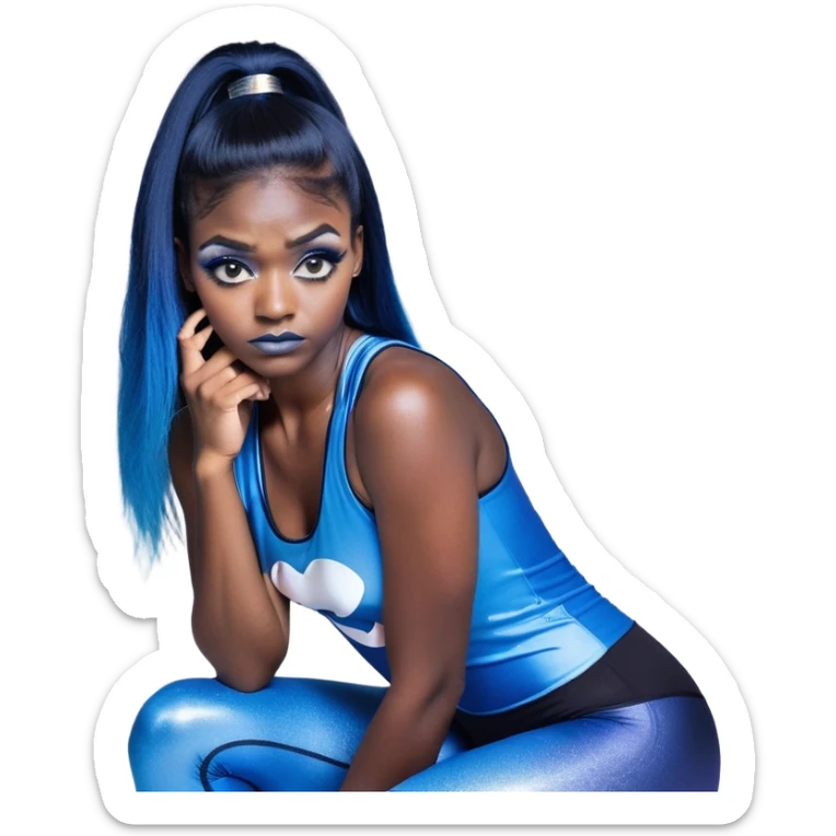 Disapponted-big tears-head back texting on phone-very very large upper body-sexy face-bending forward at waist-very long very straight dark blue to light blue ombre hair-and-blue eyes-thick black eyeliner-long eyelashes-iridescent blue lowcut tanktop with black leggings with glitter superman logo sticker