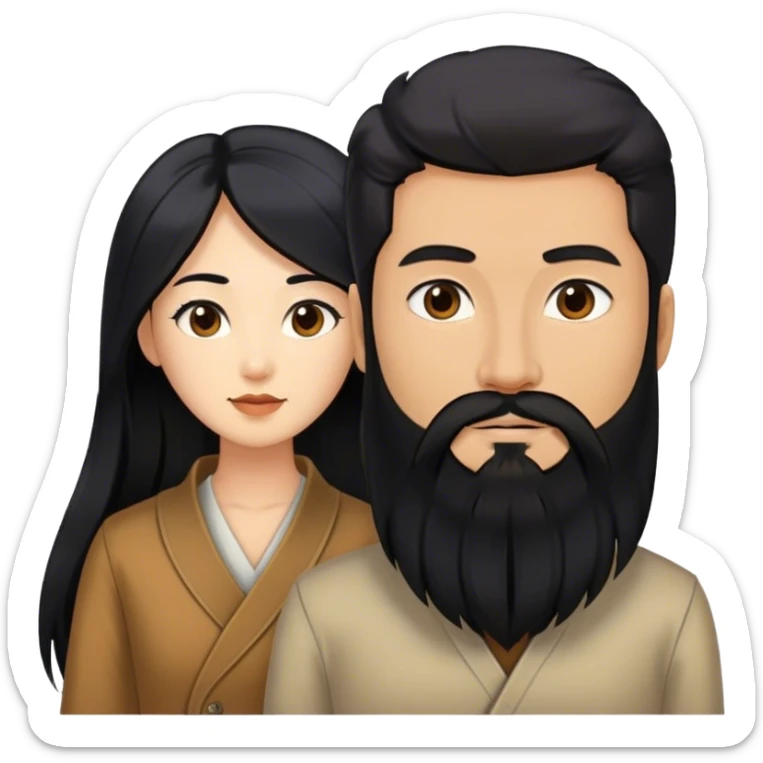 Asian woman with black long hair and European guy with black beard and masculine  sticker