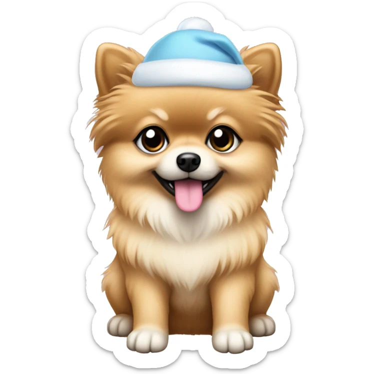 beige pomeranian puppy full body light blue eyes pink christmas hat on sticker