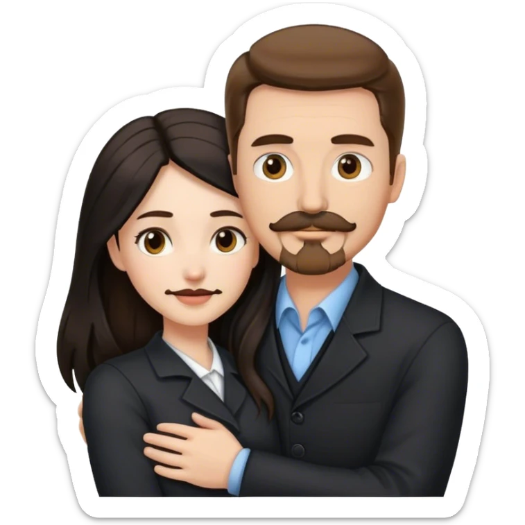 tall white man with brown hair goatee mustache hugging a pale woman with long black hair, wearing professional clothing sticker