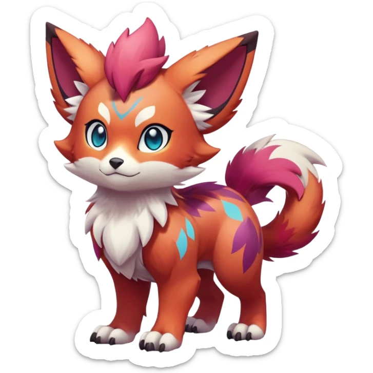 Vibrant multi-colored Male cute cool anime-styled Falvie-Fionbri-fantasy-creature-Fakémon-Pokémon, full body, with markings sticker