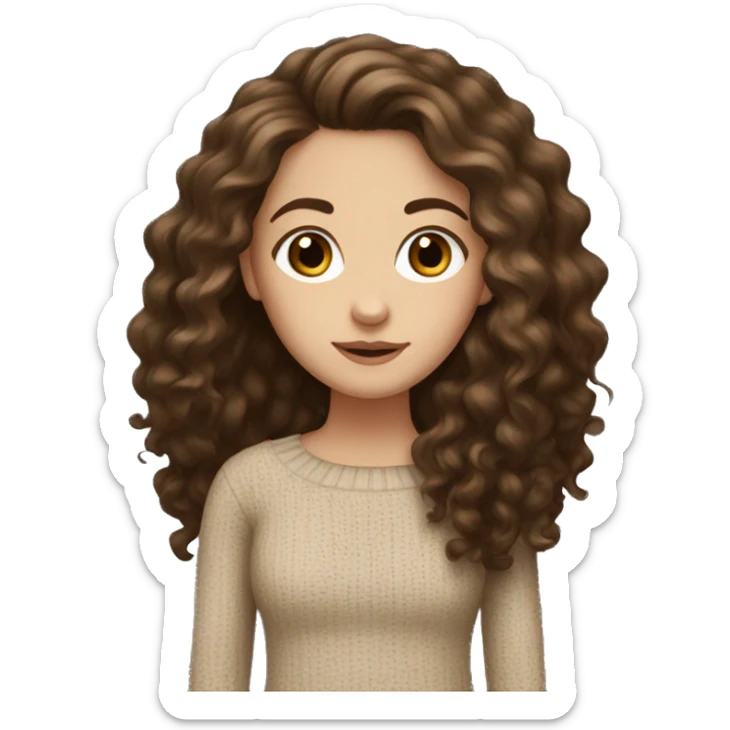 A white girl with long dark brown curly hair and a brown jumper sticker