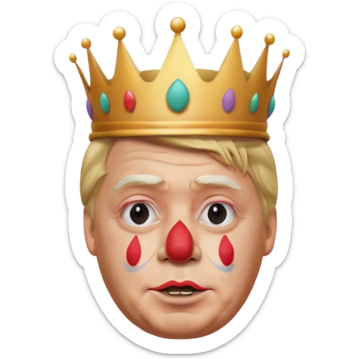 highly detailed, photorealistic Donald Trump as a clown no neck or body, slightly turned to the right. Skin texture, lighting, and facial details should be ultra-realistic, resembling a professional 3D render must look exactly like him. Transparent background. tiny cartoon crown on his head

 sticker