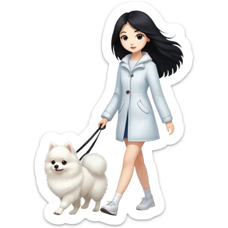 A girl with long black hair walks a white Pomeranian sticker
