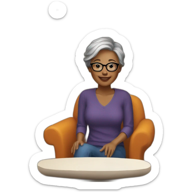 Woman with short gray hair and glasses sitting by fireplace  sticker