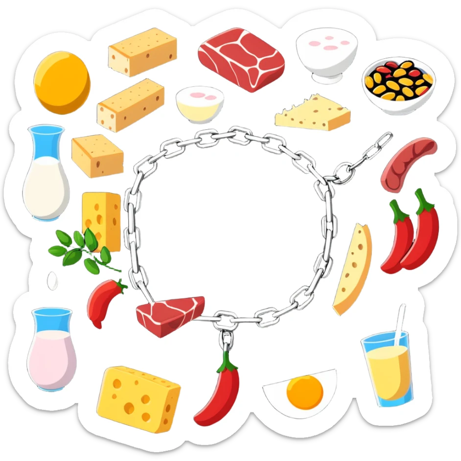 Close up of vibrant protein foods (meat, egg, beans, tofu, yogurt) connected in a chain or cluster, glowing and unified, floating together in a warm light. sticker