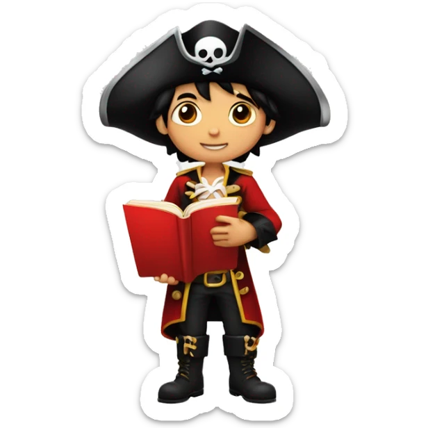A boy, 12 years old, black hair, shiny eyes, a red pirate costume, a pirate hat with an image of crossbones and a skull, stands reading a red book sticker