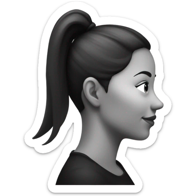 Bad drawing of a Side profile of a woman with a pony tail and black circle on her cheek, in black and white sticker