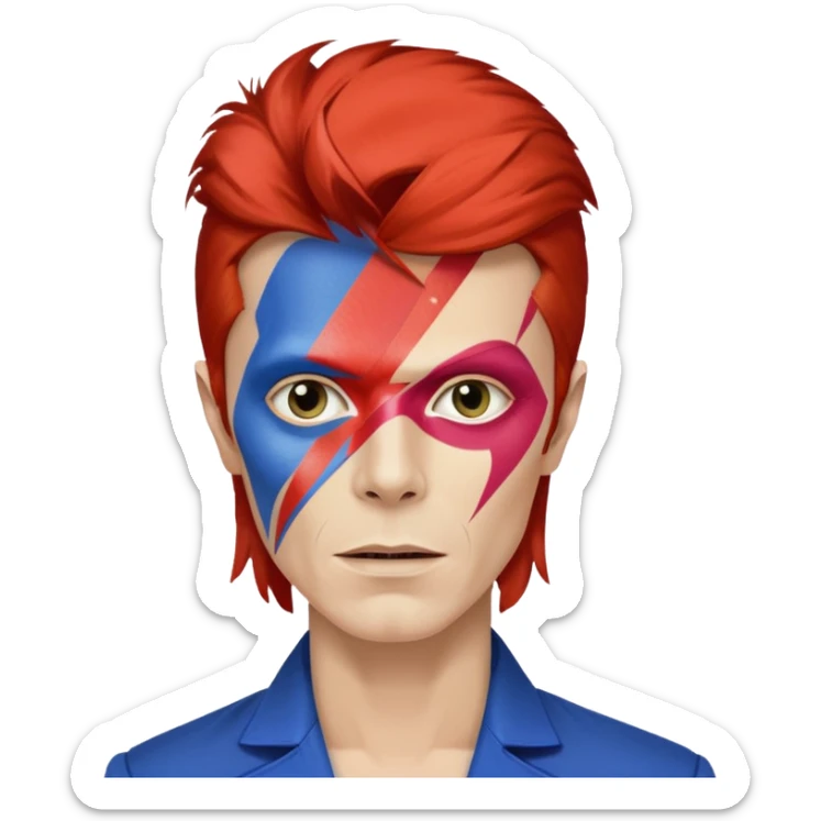 A male rockstar wearing Ebay brand colours and David Bowie face paint sticker