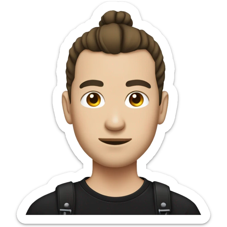 round face chinese guy with fair skin and man bun and black shirt and bass guitar sticker