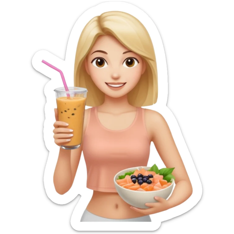 a young woman in a beige top and leggings and white sneakers with a passion fruit smoothie in one hand and a salmon poke bowl in the other hand sticker