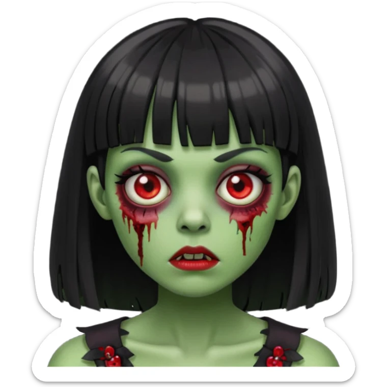 zumbie com cabelo preto e liso de franja vegana e olhos vermelho deixe o zumbir verde  sticker