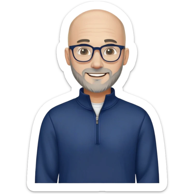 Caucasian man with skin fade haircut (bald on sides fading to short on top), short beard with gray streaks, large black eyeglasses, cheerful expression, navy blue long sleeve sweatshirt with quarter zip sticker