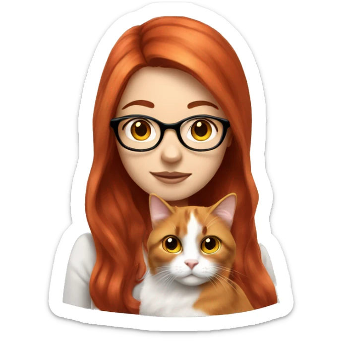 White skin Red haired girl with glasses holding long-haired calico cat sticker