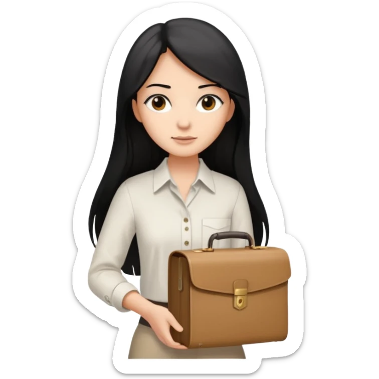 a light tan woman with long black hair past mid-back, round brown eyes, white button up shirt. holding manila case files in her hands. sticker