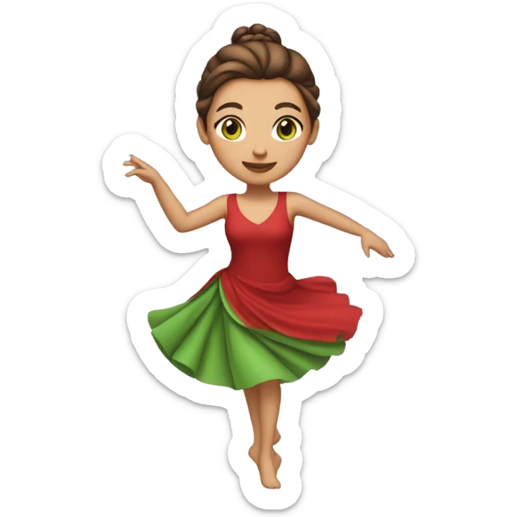 woman dancing emoji iOS red dress light skin, green and brown eyes, brown hair up in a bun in the typical dancing pose sticker