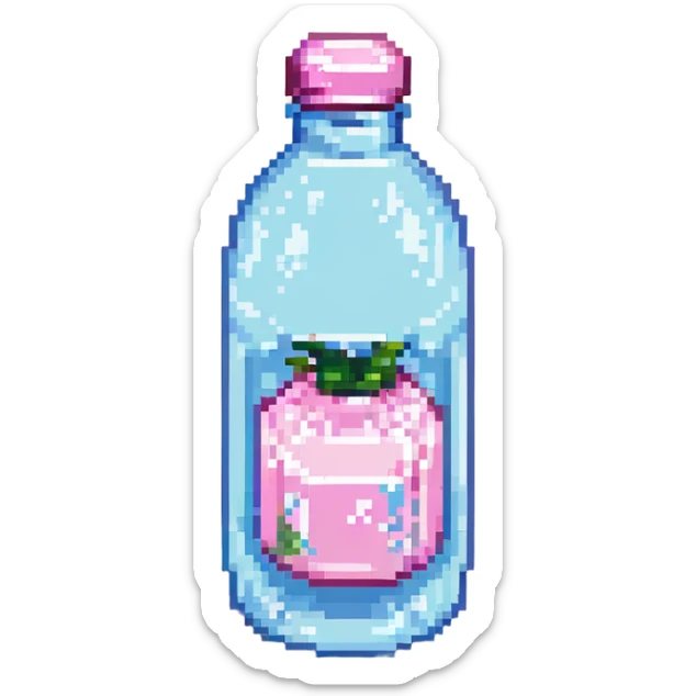 pastel pink bottle of water, retro and blocky, pixel art style sticker