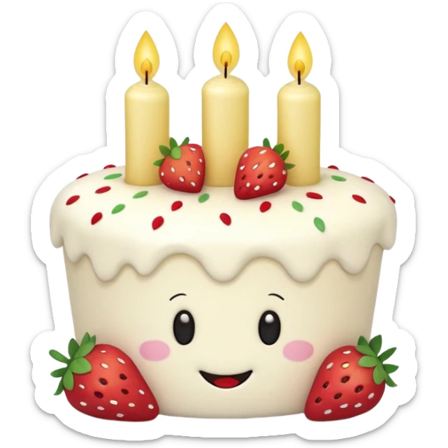 Jellycat vanilla cake with white frostting and strawberries on top with one candle with smiley face and legs sticker