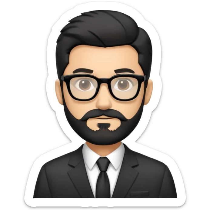 1 man with a fairly charismatic black and gray beard, wearing black glasses and black hair, dressed in a suit sticker