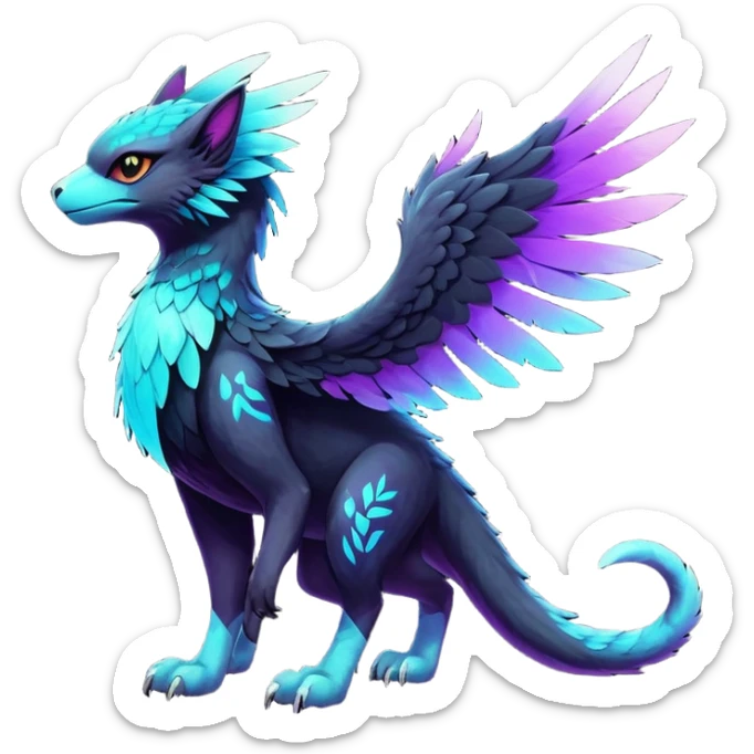 White Iridescent Colorful Exotic Black, Cyan, Purple, Beaked Feathery Nocturnal Neon-glowing Abyssal Lightly Heaven-Cat-Gryphon-Salandit-Nargacuga-Silvally-Vernid-Sergal-Fakémon-Hybrid-Creature (full body) sticker