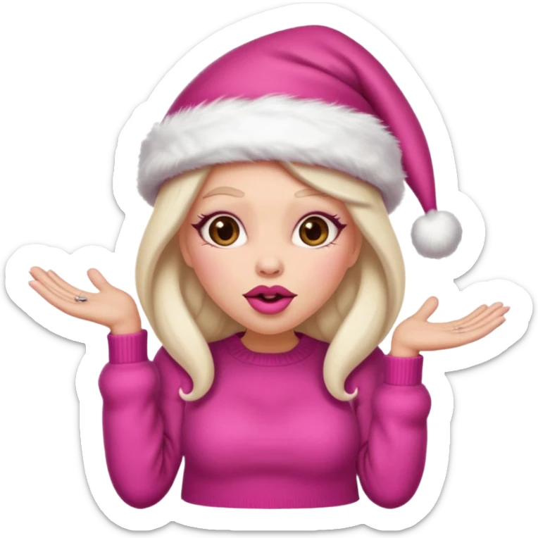 Sassy, cunty, girly Santa emoji with big lips, long nails, pink sweater, and a pink santa hat. sticker