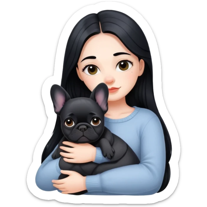 A beautiful girl with long black hair hugs a black French bulldog sticker