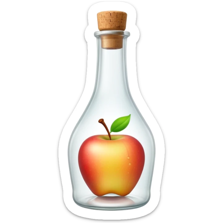 slender curved glass bottle with long neck, clear or frosted glass, colorless liquid inside, simple cork or screw cap, no label or fruit, just the bottle, apple emoji style, soft lighting, transparent background, emoji scale sticker