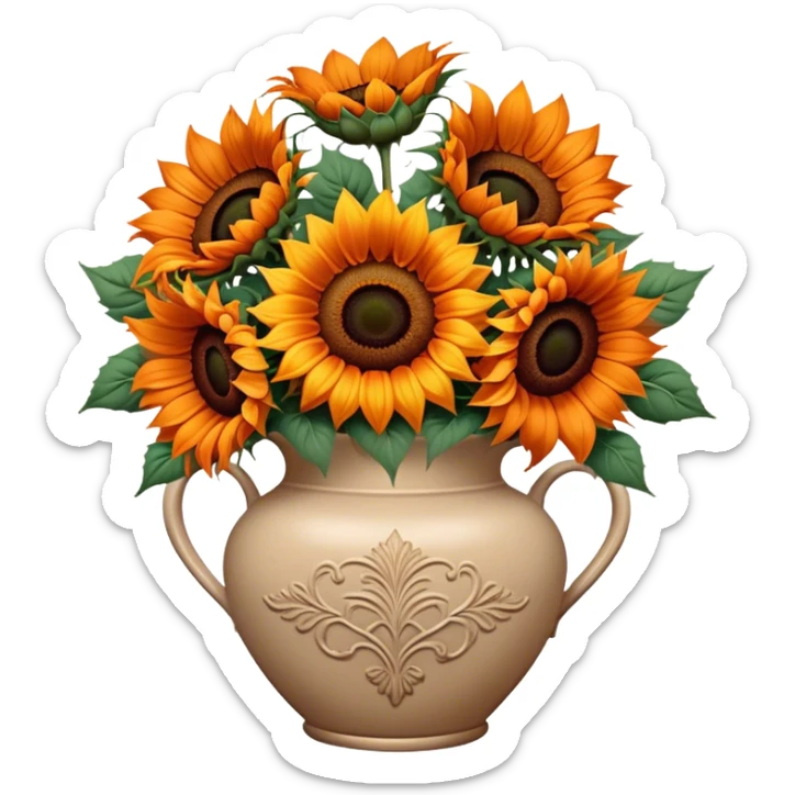 bouquet of bright orange sunflowers in a beige aesthetic vase in vintage style with beautiful ornaments of brown color sticker