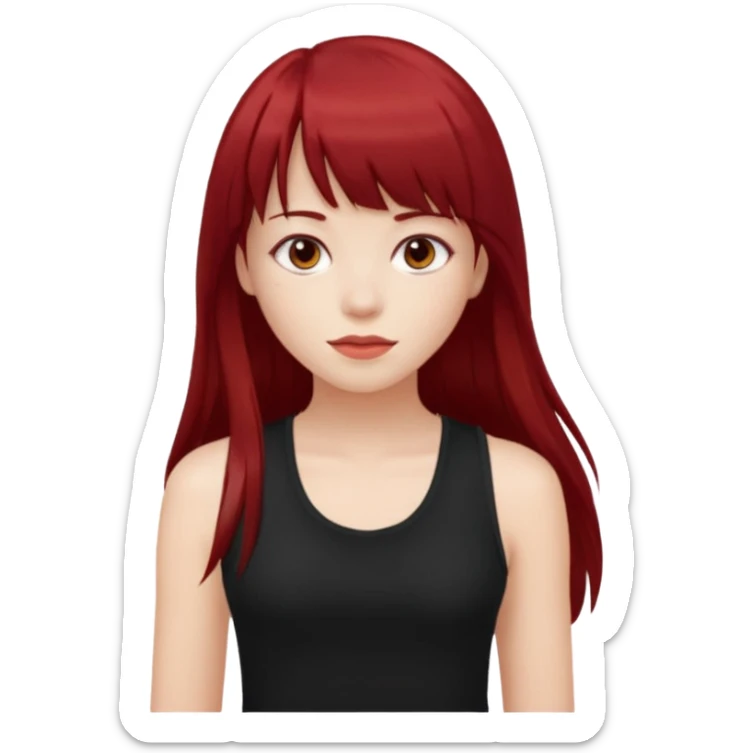 a pretty bratz fair girl with long dark red straight hair with bangs, wearing a black tank top sticker
